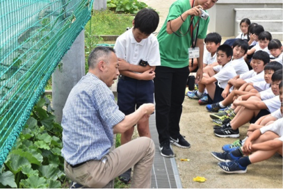 教材園で出て、ウリ科植物受粉実験の説明を聞く児童